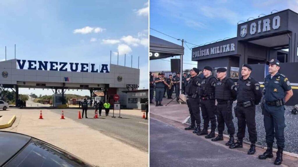 Montagem com duas imagens: à esquerda, posto de fronteira terrestre com a placa “Venezuela” e pessoas circulando; à direita, policiais militares em formação diante de prédio identificado como “Polícia Militar GIRO”.