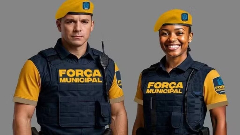 Rio inaugura academia da Força Municipal apesar de ADPFs : Dois agentes da Força Municipal do Rio de Janeiro, em uniforme tático azul e amarelo, posam para foto com colete e boina amarela.