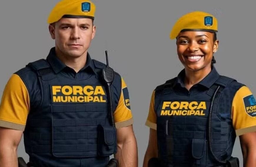 Rio inaugura academia da Força Municipal apesar de ADPFs : Dois agentes da Força Municipal do Rio de Janeiro, em uniforme tático azul e amarelo, posam para foto com colete e boina amarela.