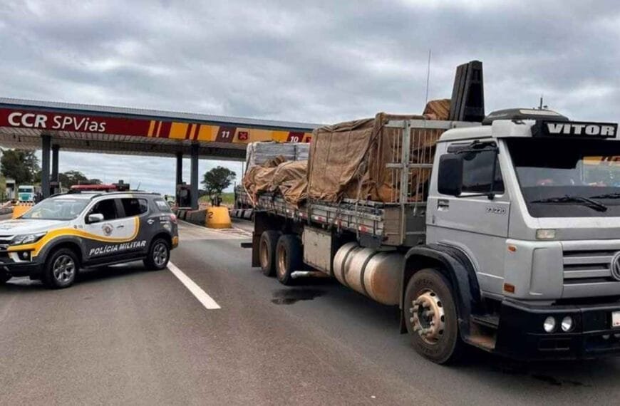 Imagem mostra uma operação policial contra roubo de cargas. Um caminhão carregado está parado em frente a uma praça de pedágio da concessionária CCR SPVias, enquanto uma viatura da Polícia Militar, posicionada na via, realiza a abordagem. A cena reforça a presença policial em rodovias para combater crimes que afetam o transporte e a segurança viária. Em 2024, mais de 10 mil cargas foram roubadas