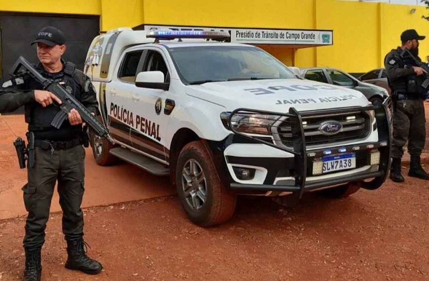 PPMS permanece sem regulamentação - Policiais penais armados fazem guarda ao lado de viatura da Polícia Penal em frente ao Presídio de Trânsito de Campo Grande (MS).