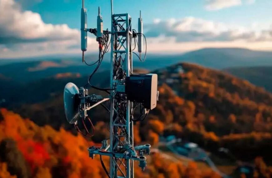 Milícia 5G: Antena de telecomunicações em torre metálica, instalada em área montanhosa com vegetação outonal e vista panorâmica ao fundo.