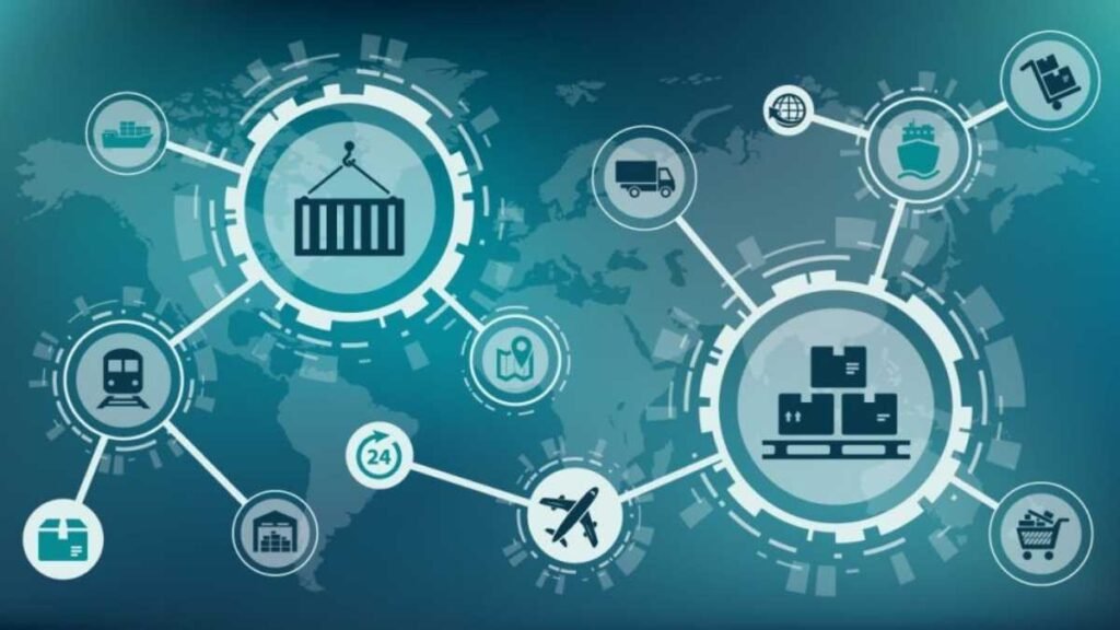 Ilustração conceitual de logística global, com ícones representando transporte, armazenagem, entrega e rastreamento interligados sobre um mapa-múndi.
