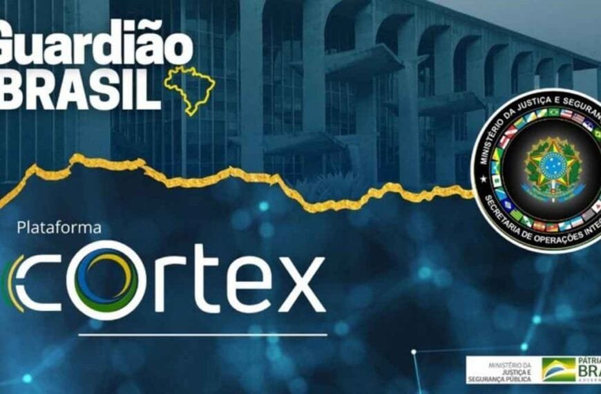 A imagem mostra um material institucional do Ministério da Justiça e Segurança Pública sobre a Plataforma Córtex, com os dizeres “Guardião do Brasil”.