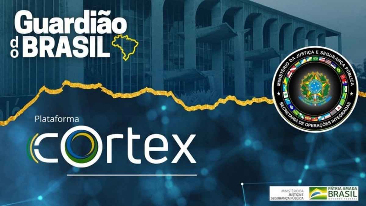 A imagem mostra um material institucional do Ministério da Justiça e Segurança Pública sobre a Plataforma Córtex, com os dizeres “Guardião do Brasil”.
