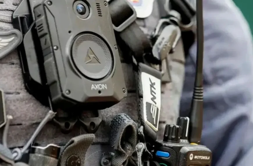 A imagem mostra de perto o colete de um policial equipado com **câmera corporal (bodycam) da marca Axon**, fixada na parte frontal do uniforme. Também é possível ver rádios comunicadores e outros acessórios táticos utilizados em operações. Governo Federal foca em câmeras para GCM's
