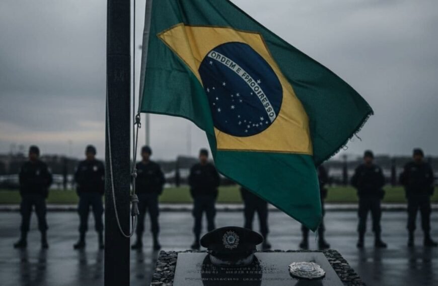 Quando a farda vira alvo-Policiais perfilados em homenagem diante de bandeira do Brasil a meio-mastro, com quepe e insígnia sobre memorial em dia nublado.