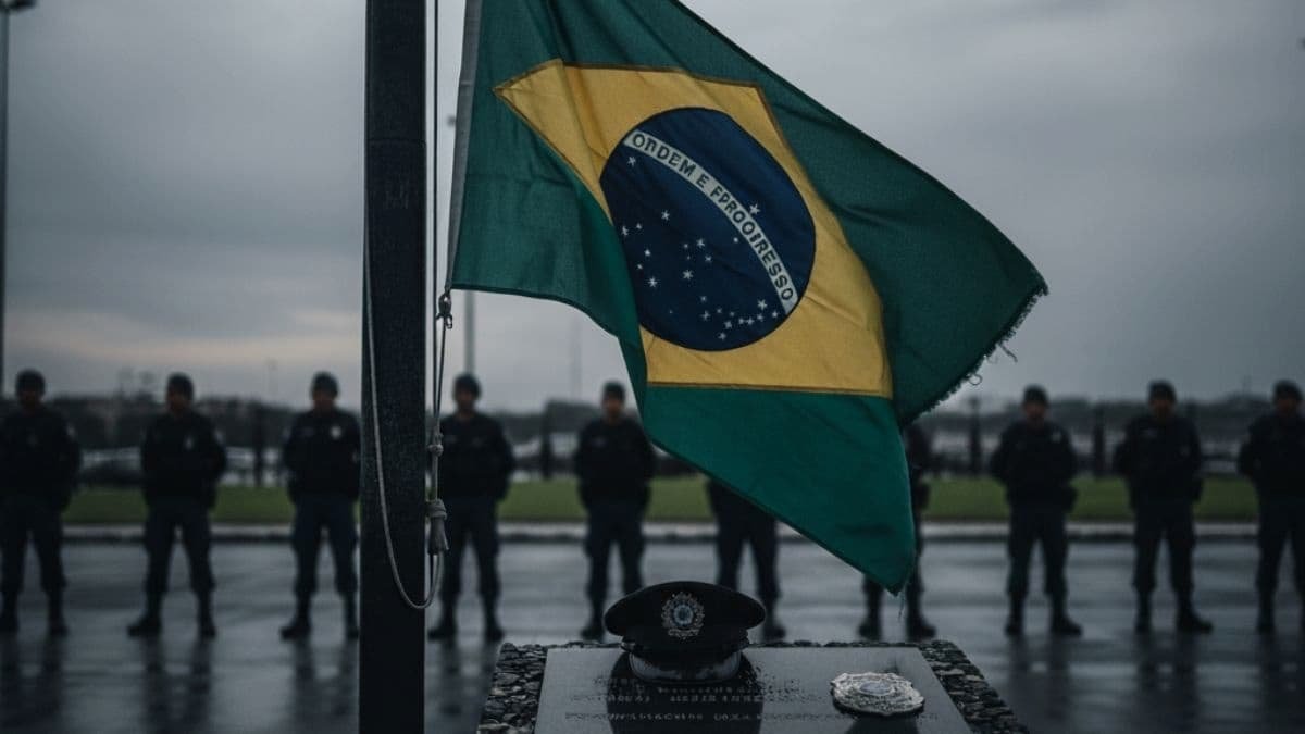 Quando a farda vira alvo-Policiais perfilados em homenagem diante de bandeira do Brasil a meio-mastro, com quepe e insígnia sobre memorial em dia nublado.