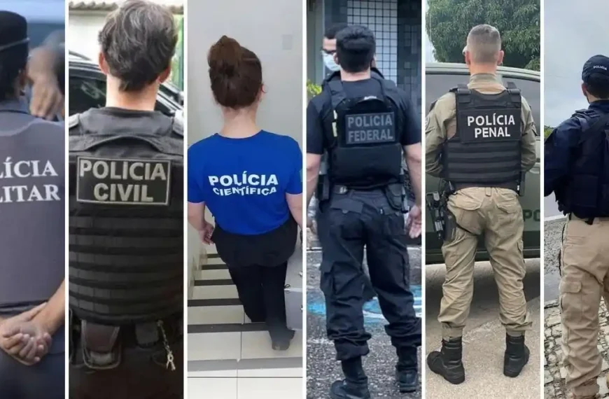 Ciclo completo de polícia-A imagem é uma montagem mostrando, de costas, diferentes agentes das forças de segurança pública brasileiras. Da esquerda para a direita aparecem uniformes identificados como: Polícia Militar, Polícia Civil, Polícia Científica, Polícia Federal, Polícia Penal e Polícia Rodoviária Federal (PRF).