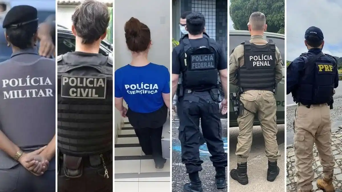 Ciclo completo de polícia-A imagem é uma montagem mostrando, de costas, diferentes agentes das forças de segurança pública brasileiras. Da esquerda para a direita aparecem uniformes identificados como: Polícia Militar, Polícia Civil, Polícia Científica, Polícia Federal, Polícia Penal e Polícia Rodoviária Federal (PRF).