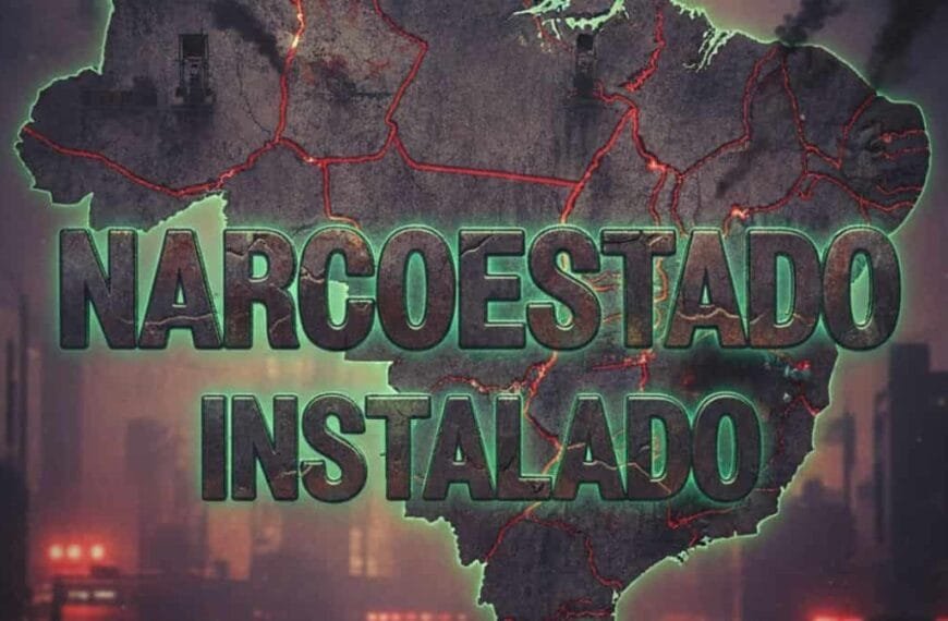 Imagem de fundo escuro mostra o contorno do mapa do Brasil com linhas vermelhas semelhantes a rotas ou rachaduras. Em destaque, letras grandes e iluminadas em verde exibem a frase “NARCOESTADO INSTALADO”, transmitindo ideia de alerta ou denúncia.