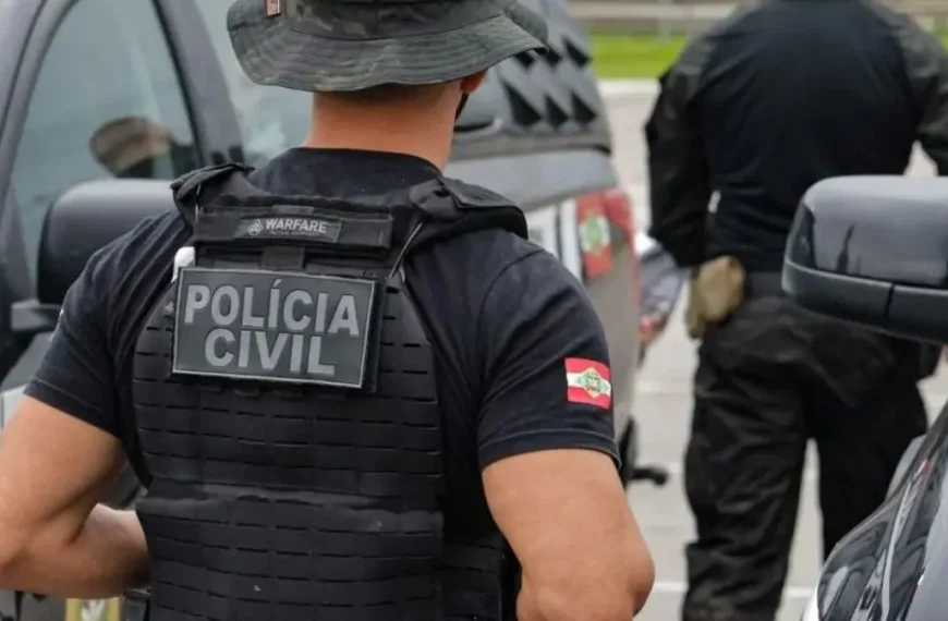 Por que o Brasil resiste ao ciclo completo de polícia? Policial civil de colete tático, visto de costas, com identificação “Polícia Civil” e bandeira de Santa Catarina no uniforme, em operação junto a viaturas.