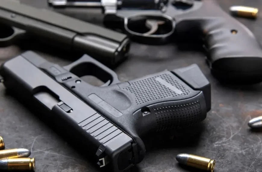 Vergonha para a corporação: PPRO é preso-A imagem mostra três armas de fogo — duas pistolas e um revólver — dispostas sobre uma superfície escura, cercadas por várias munições espalhadas ao redor.