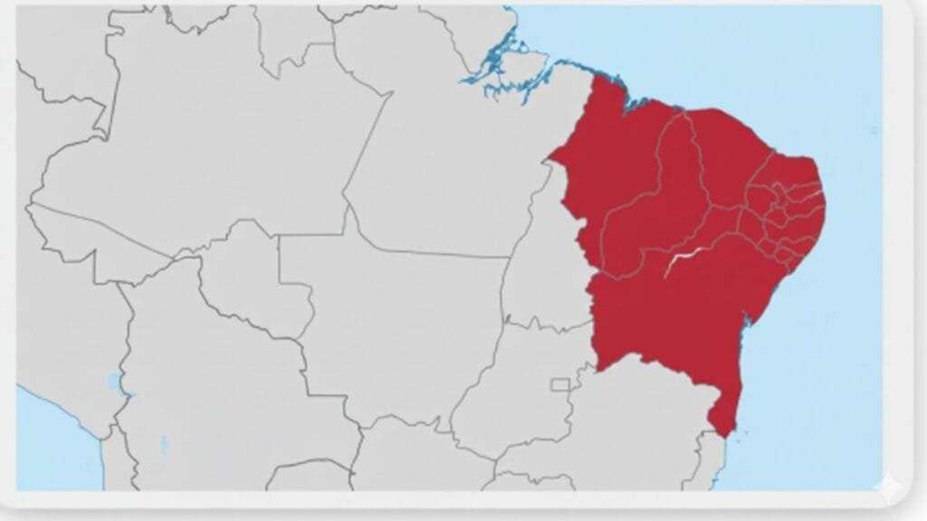 As dez cidades mais violentas do Brasil-Mapa do Brasil com destaque em vermelho para a região Nordeste, mostrando seus estados delimitados.
