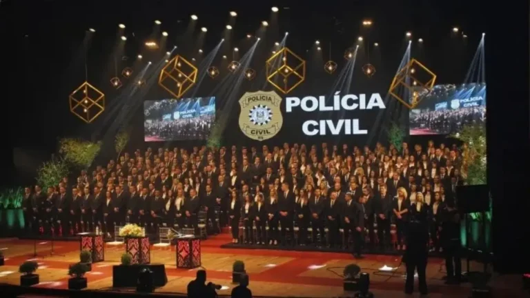 Brasil perdeu 30 mil policiais-Cerimônia de formatura da Polícia Civil, com grande grupo de agentes uniformizados em auditório iluminado e decoração institucional.