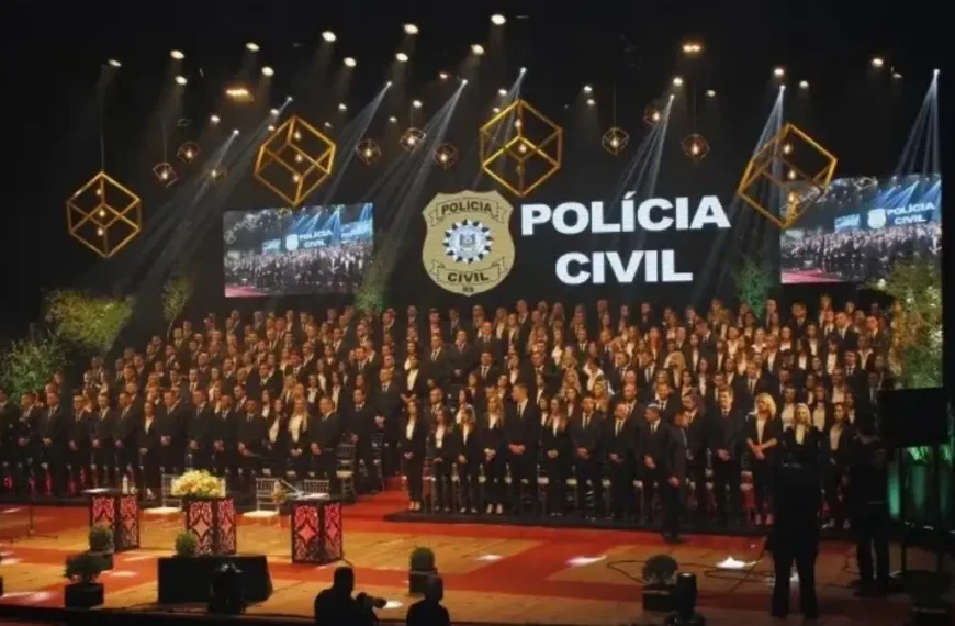 Brasil perdeu 30 mil policiais-Cerimônia de formatura da Polícia Civil, com grande grupo de agentes uniformizados em auditório iluminado e decoração institucional.