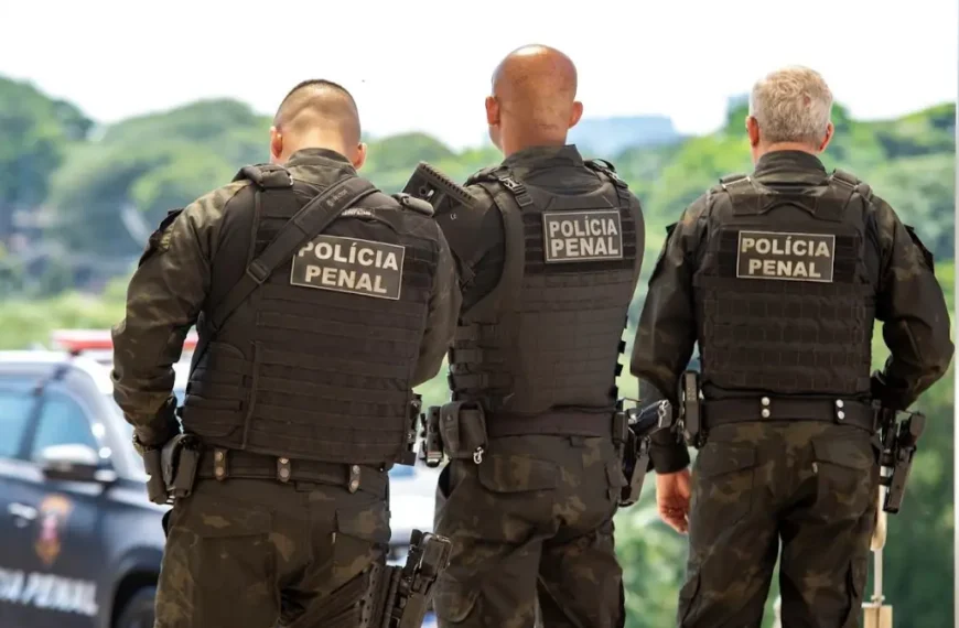 Agentes da Polícia Penal em uniforme tático, de costas, durante operação externa de segurança