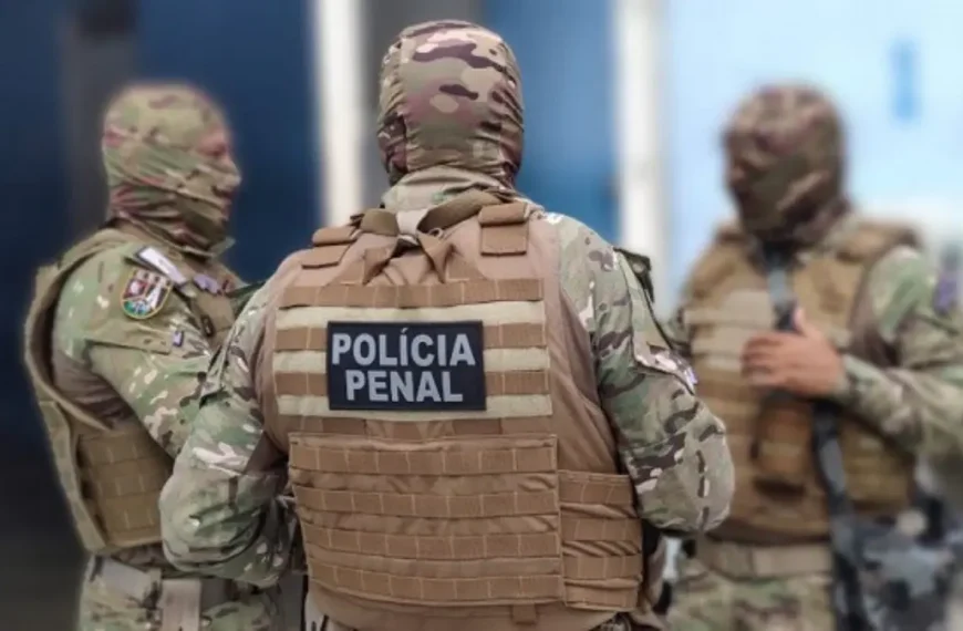 Três policiais penais com uniformes camuflados e equipamentos de proteção conversam em área interna de unidade prisional. Um deles está de costas, com identificação “Polícia Penal” no colete.